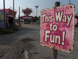 A sign points the way to fun at a fair or carnival photo