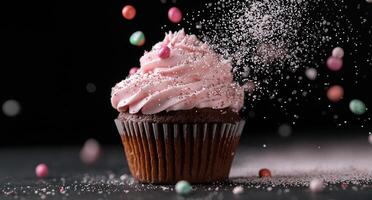 A delicious cupcake with pink frosting and sprinkles photo
