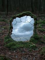 A moss covered mirror reflects the sky in a forest setting photo