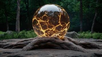 Glowing orb resting on roots in a forest photo