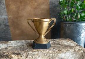 A gold trophy sits on a stone surface, symbolizing success and achievement photo