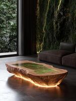 A modern living room with a unique wooden coffee table and a moss wall photo