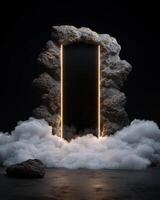 Mystical portal surrounded by clouds and rocks leading to another dimension photo