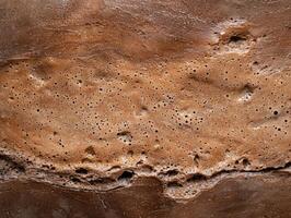 Close up of a porous brown surface with small holes and a glossy texture photo