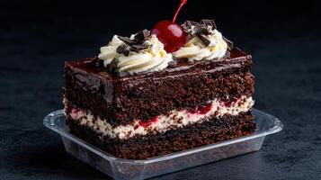 Delicious slice of black forest cake with cherry on top photo