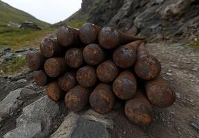 Pile of rusty rebar in a natural setting photo
