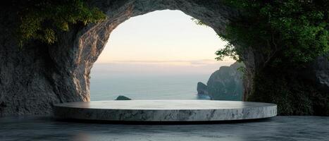 A stone platform in a cave overlooking the ocean photo