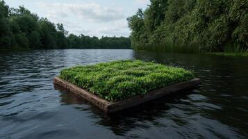 Floating island on a river with lush vegetation photo