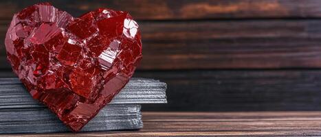 A heart shaped ruby crystal resting on a stack of silver metal sheets photo