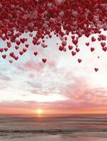 Romantic heart balloons floating over a sunset ocean photo