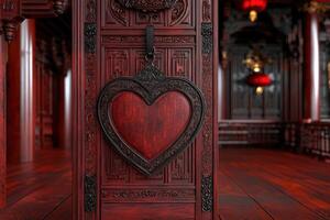 Ornate wooden door with heart decoration in a temple photo