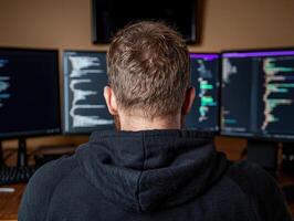 Software developer working on multiple monitors photo