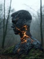 Man with cracks of light on his skin in a dark forest photo