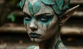Fantasy elf woman with blue makeup and leaf crown photo