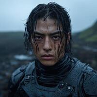 A determined warrior stands in the rain, battle worn and resilient photo