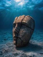 Sunlight filters through the water to illuminate a broken stone face on the seabed photo