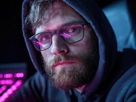 Hacker in a hoodie with glasses reflecting computer screen photo