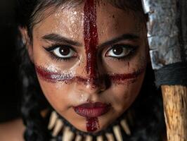 A woman with striking face paint stares intensely at the viewer photo