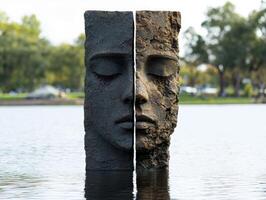 Two halves of a stone face sculpture in water photo