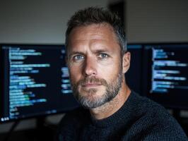 Man working on computer code at home photo