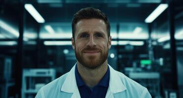 Scientist in a lab coat smiling in a laboratory photo