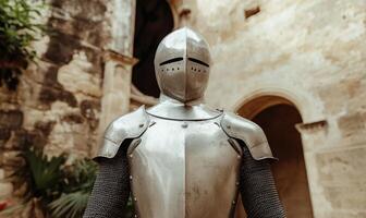 Medieval knight armor stands guard in a courtyard photo