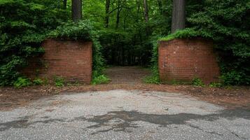 A brick gate leads into a lush green forest photo