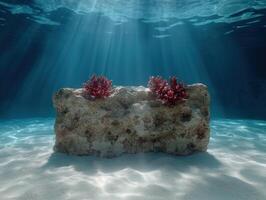 Underwater scene with coral on a rock in the ocean photo