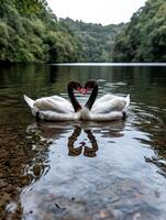 Two black necked swans forming a heart shape with their necks on a lake photo