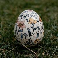 Decorated easter egg with floral pattern on green grass photo
