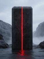 Monolith with glowing red light in a landscape photo