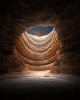Dramatic view from inside a deep cave looking up at the sky photo