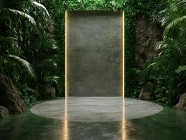 A modern product display podium in a jungle environment with lush plants and a neon frame photo