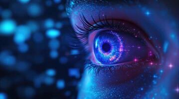 Close-up of a human eye with vibrant digital patterns and glowing particles surrounding it, showcasing technological and artistic elements of vision. photo