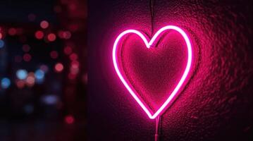 Neon heart light decoration illuminating a dark room with vibrant colors during a lively evening atmosphere. photo