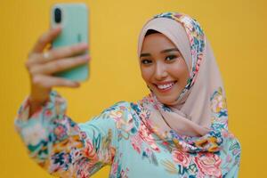 A woman in hijab taking a selfie photo