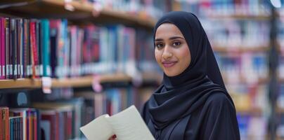 A young woman wearing a hijab is standing in a library photo