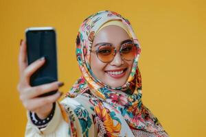 A woman wearing a hijab taking a selfie photo