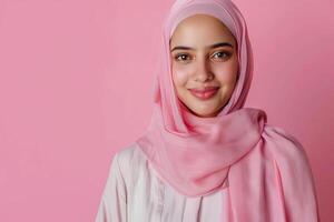 Portrait of a beautiful muslim woman wearing hijab on pink background photo