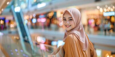 Beautiful muslim woman in hijab shopping in mall photo
