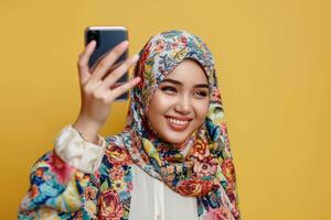 A woman in a hijab taking a selfie photo