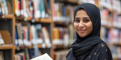 A young woman wearing a hijab is standing in front of bookshelves photo