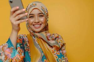 A woman in a hijab is taking a selfie photo
