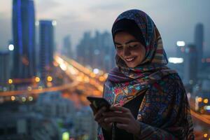 A woman in a headscarf is using her phone in the city photo