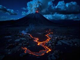 A lava flow is flowing into the ground at night photo