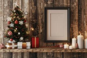 Christmas Decor on a Rustic Wooden Shelf photo