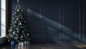 Christmas Tree Decorated With Silver Ornaments and Lights in a Room With Dark Blue Walls photo
