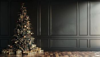 Christmas Tree in a Classic Black and Gold Setting photo