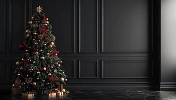 Christmas Tree in a Black and Gold Decorated Room photo