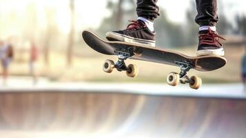 Airborne Skateboarder Low Angle View of a Person Executing a Jump at a Skate Park photo
